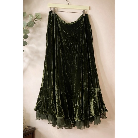 Lauren Ralph Lauren Green Velvet Skirt Silk Blend Romantic Cottagecore Sz 12 Y2K - Picture 5 of 7